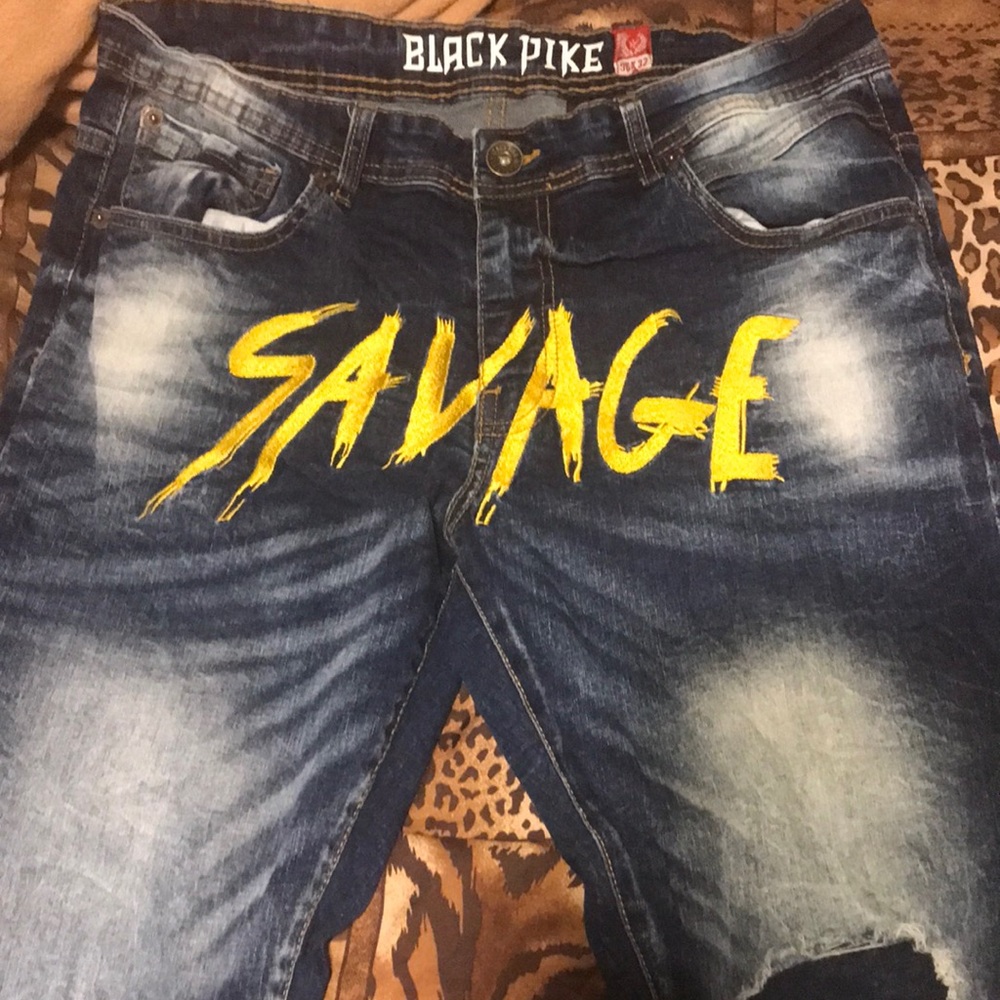 Men's Blue Jeans with Yellow Accents